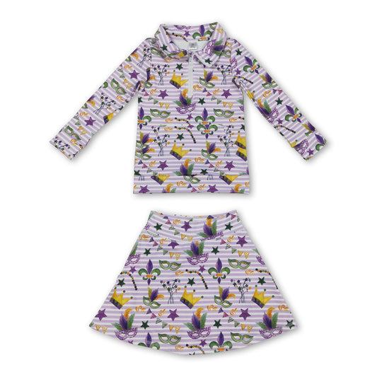 Purple stripe crown pullover skirt girls Mardi Gras active set