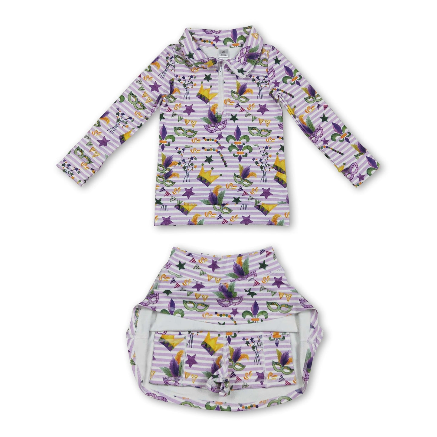 Purple stripe crown pullover skirt girls Mardi Gras active set