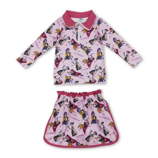 Hot pink music pullover skirt kids girls clothing set