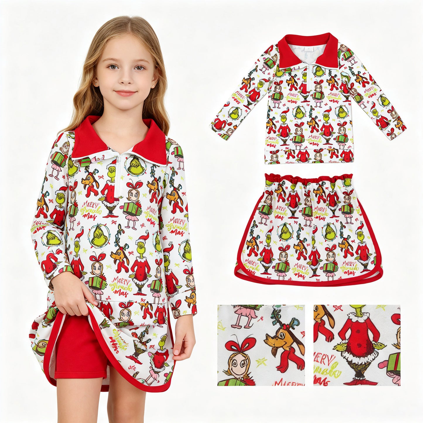 Green face gift pullover skirt girls Christmas outfit