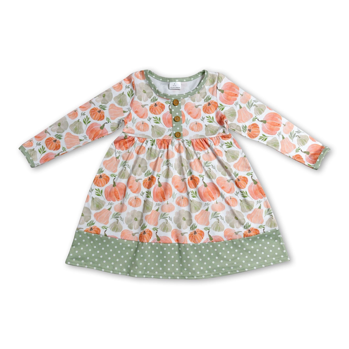 Long sleeves pumpkin polka dots kids girls fall dresses