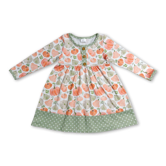 Long sleeves pumpkin polka dots kids girls fall dresses