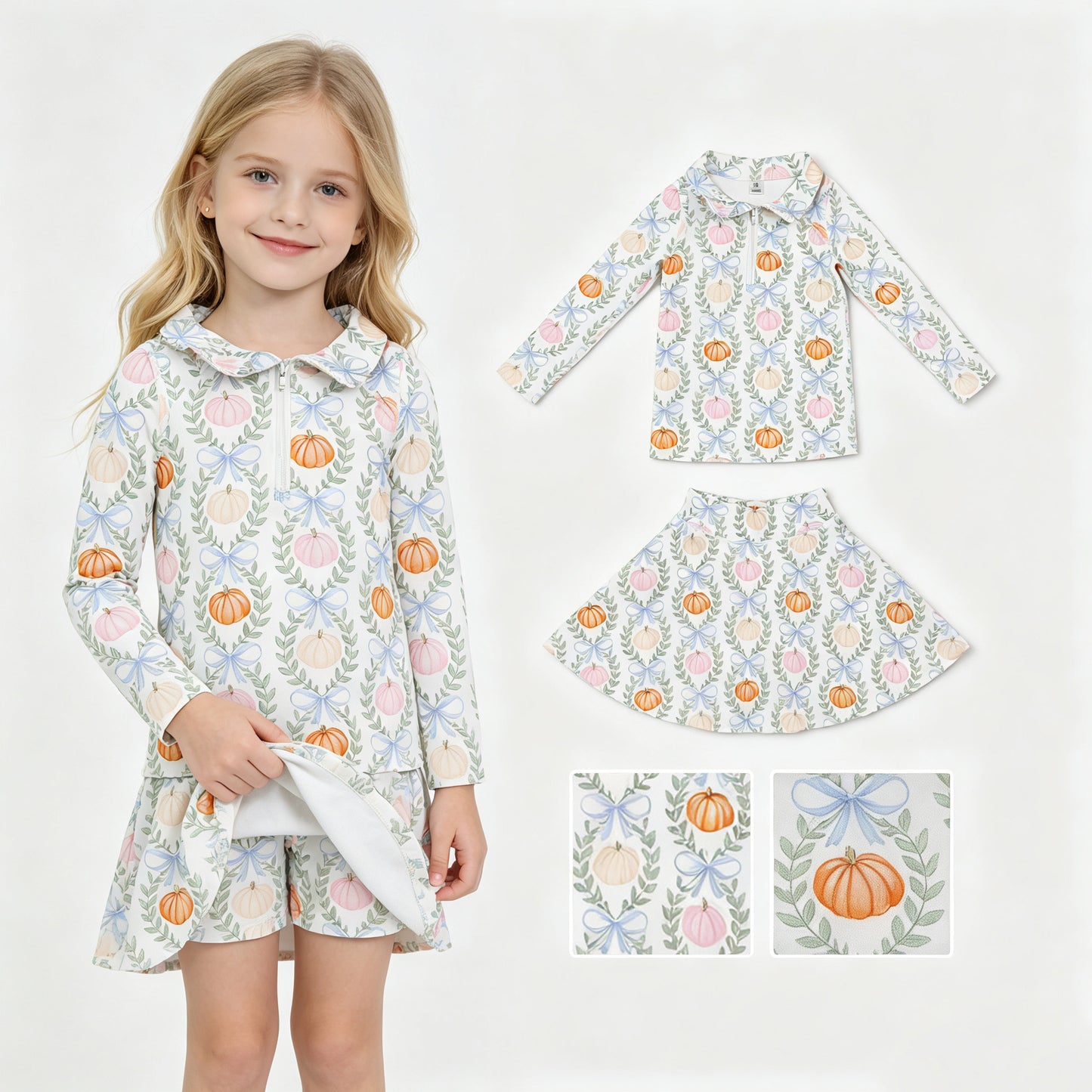Long sleeves pumpkin bow kids girls fall active wear set