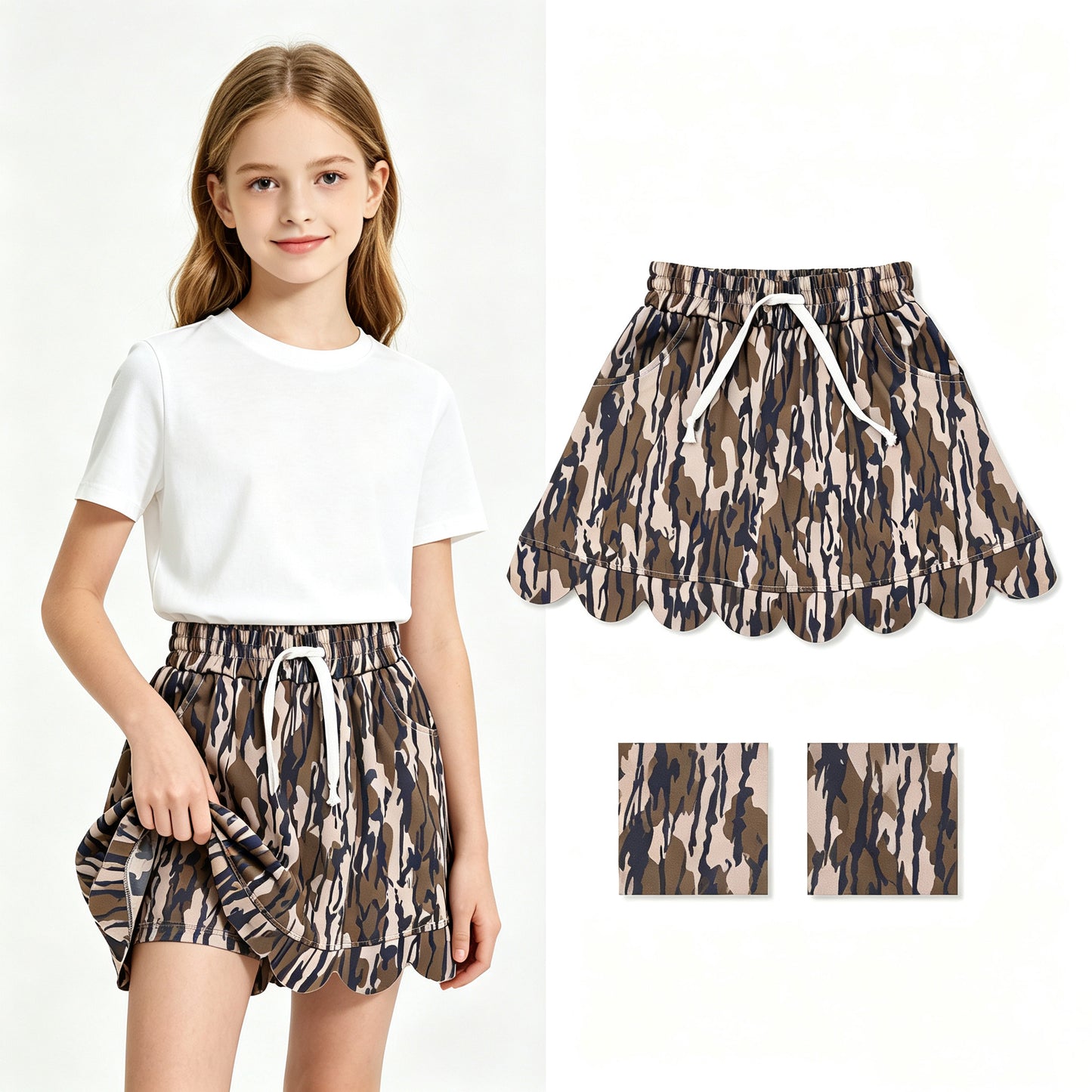Olive camo pocket scallop kids girls skirt