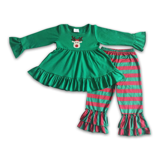Reindeer embroidery tunic stripe pants kids girls Christmas clothes