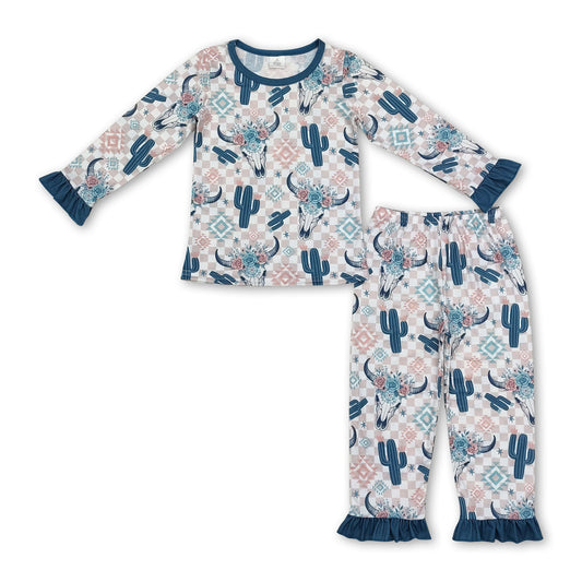 Long sleeves bull skull cactus plaid girls western pajamas