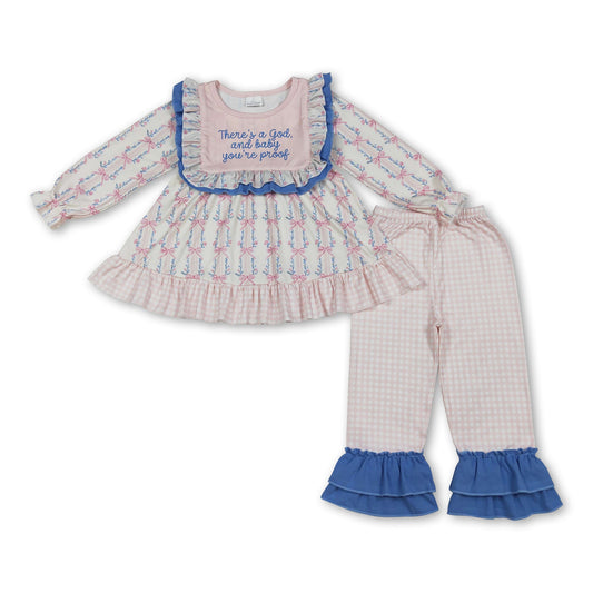 Long sleeves floral bow tunic plaid pants girls clothing