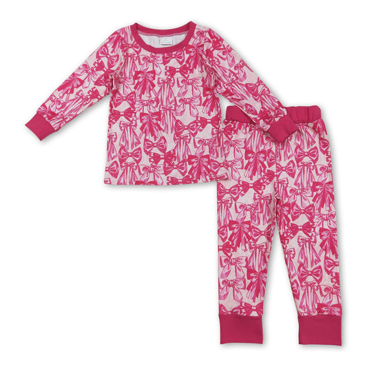 Hot pink bow long sleeves top pants kids girls pajamas