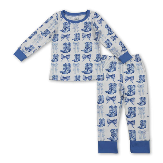 Long sleeves light blue bow boots western girls pajamas