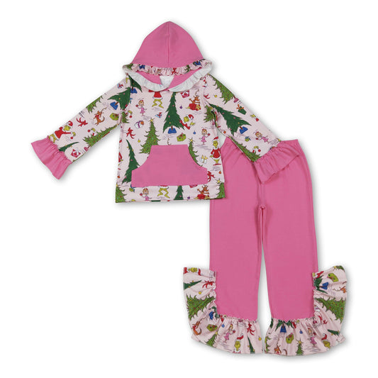 Christmas tree green face hoodie pants girls clothing set