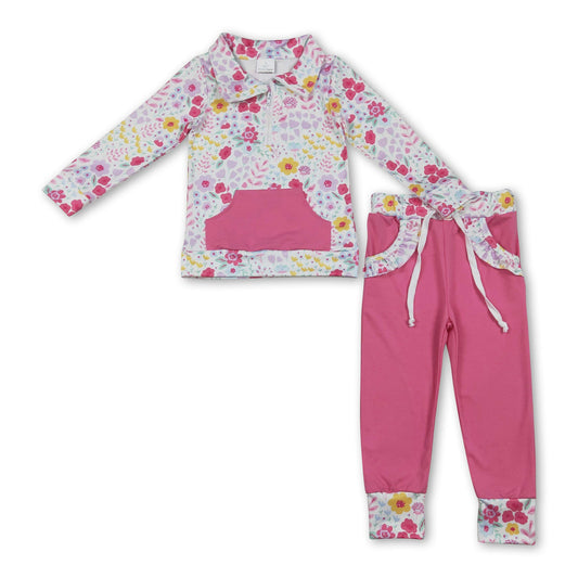 Long sleeves floral pullover pockets pants girls outfits