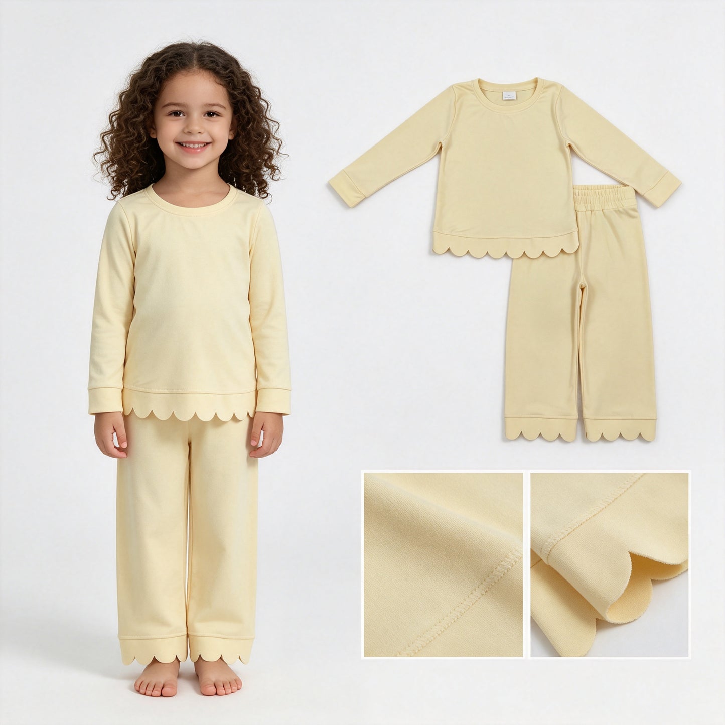 Yellow cotton long sleeves scallop girls fall pajamas set