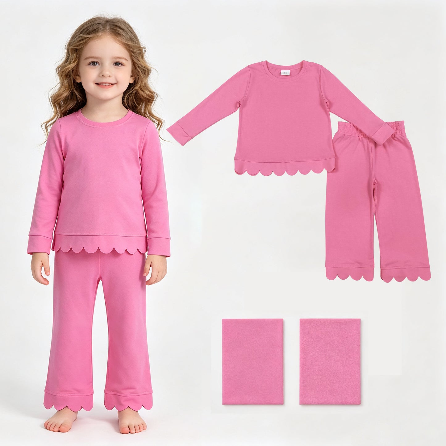 Hot pink cotton long sleeves scallop girls pajamas set