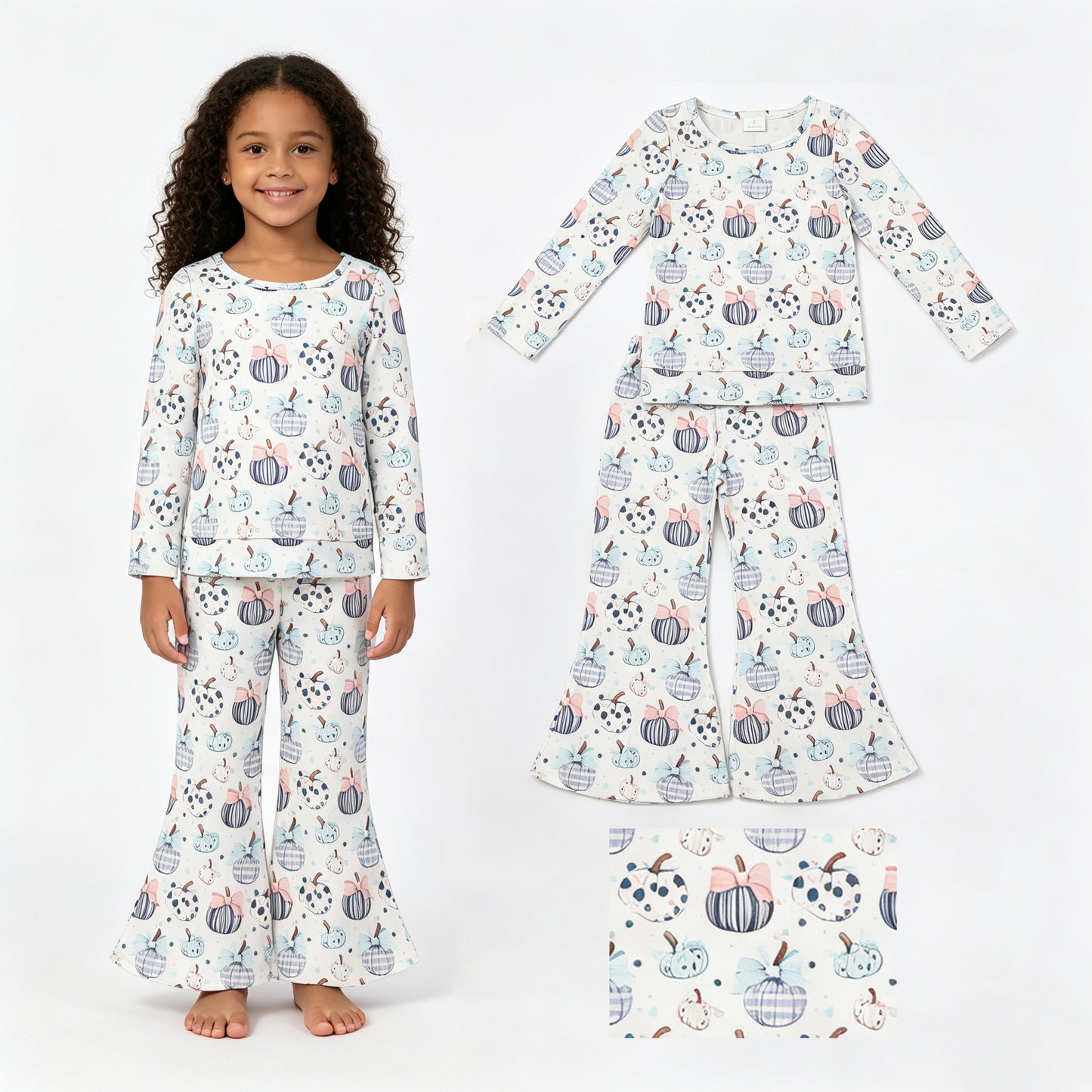 Long sleeves pumpkin bow top pants kids girls fall clothes