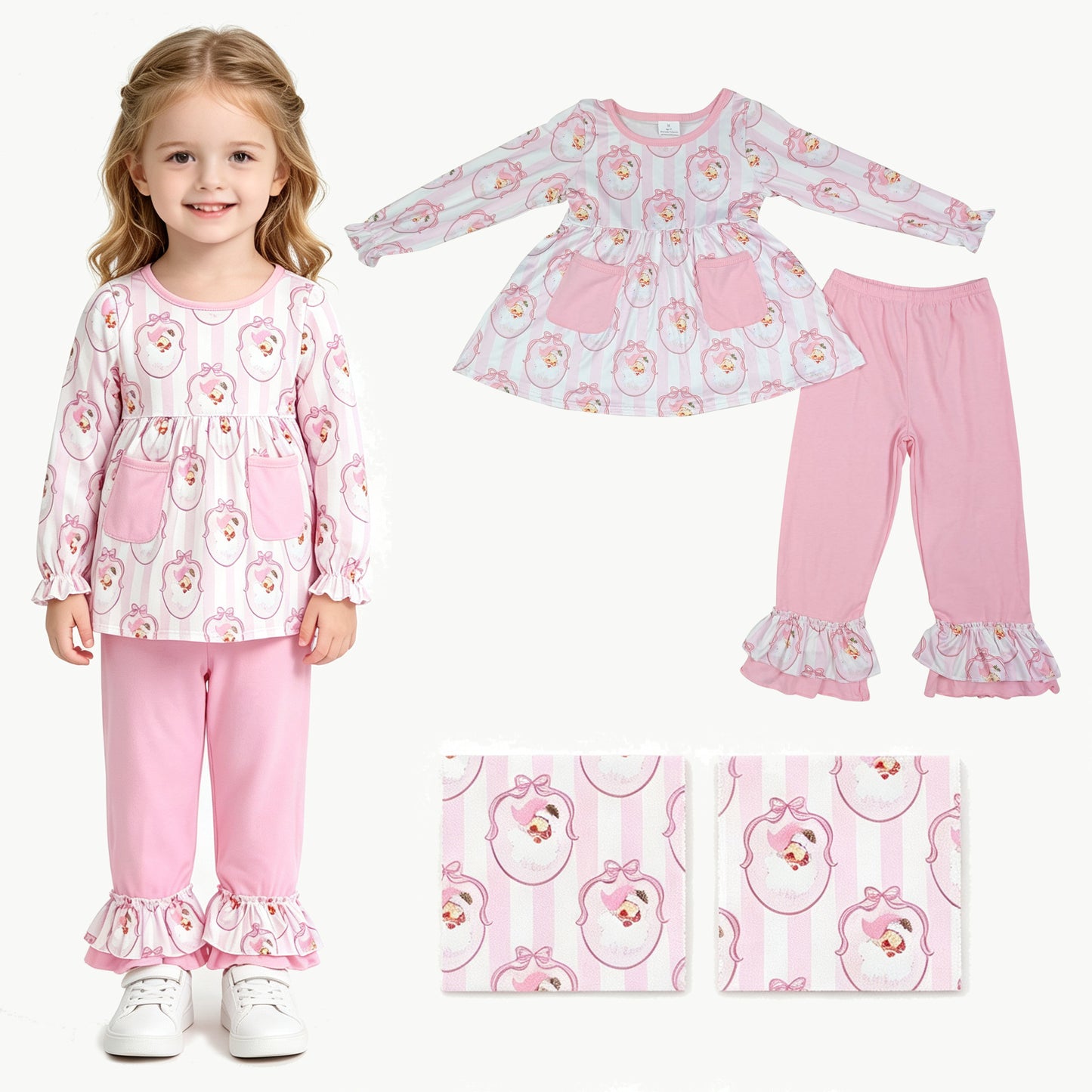 Pink stripe santa bow tunic pants kids girls Christmas outfits