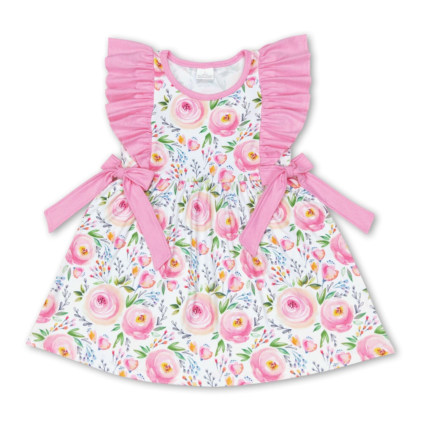 Pink ruffle sleeves floral kids girls spring dress