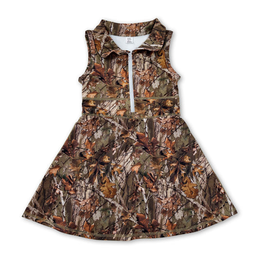 Sleeveless leaves camo zipper kids girls athletic dresses