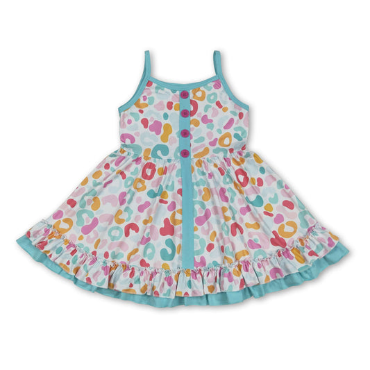 Straps leopard ruffle kids girls summer dresses