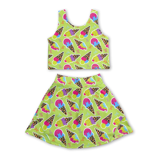 Sleeveless leopard ice cream bow girls activewear set