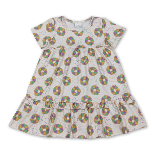 Purple green yellow donut print girl Mardi Gras dress