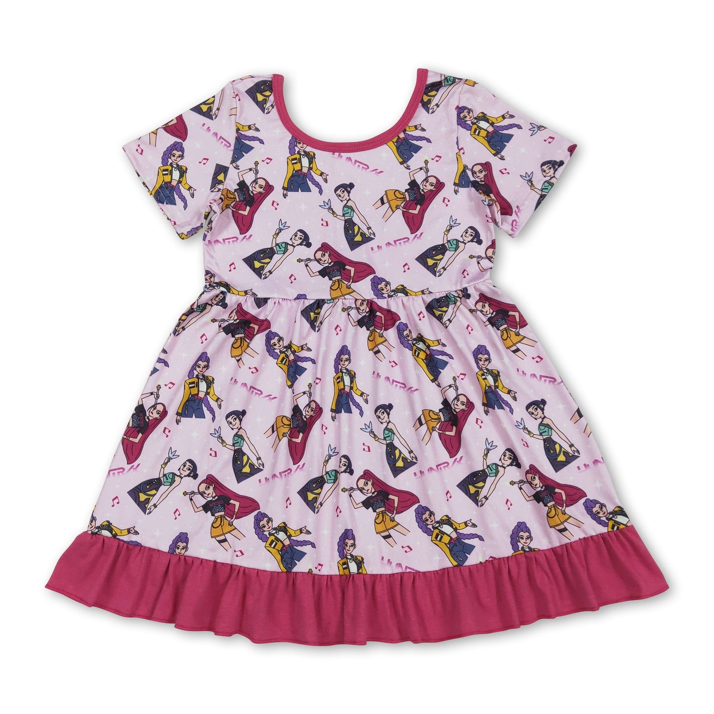 Pink short sleeves music kids girls ruffle dresses