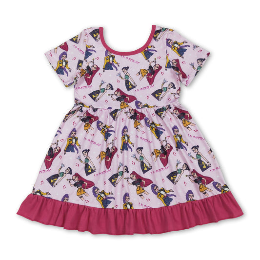 Pink short sleeves music kids girls ruffle dresses