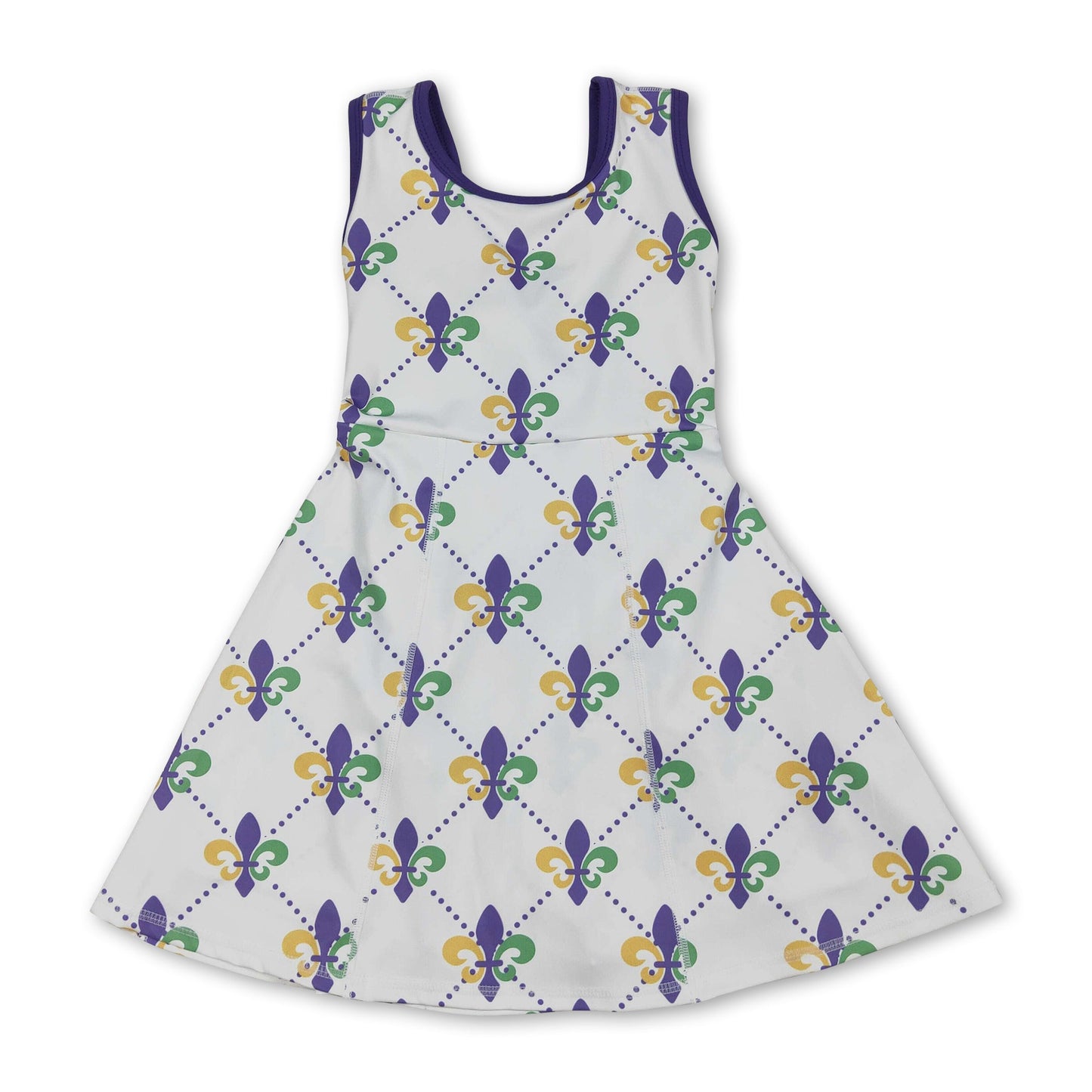 Purple green yellow sleeveless girls Mardi Gras athletic dress