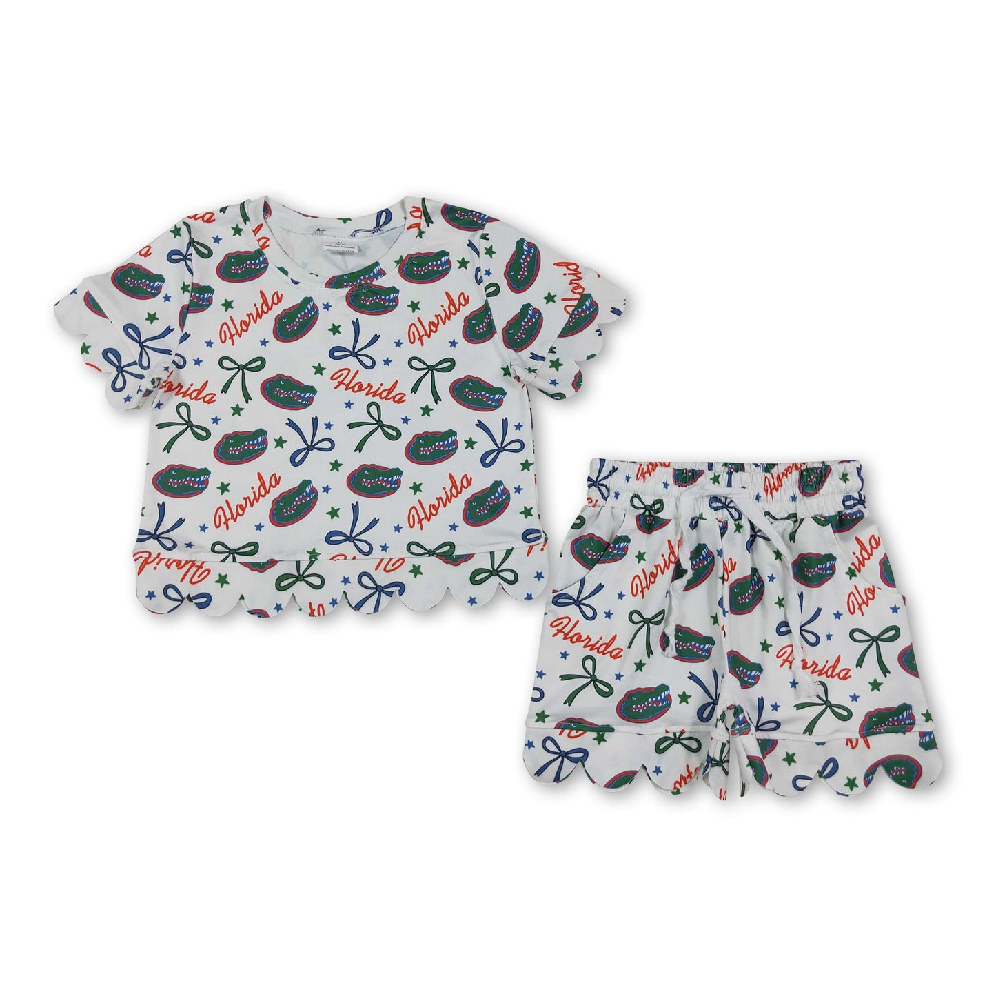 Short sleeves crocodile bow scallop girls team outfits