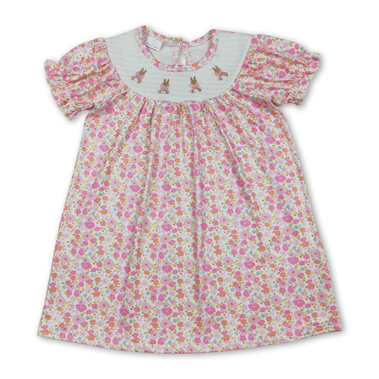 Short sleeves pink floral rabbit smocked girl Easter dress