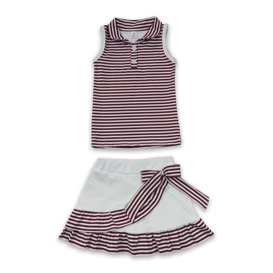 Sleeveless maroon stripe polo top skirt girls team active outfit