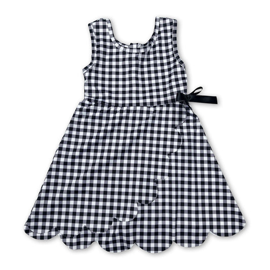 Sleeveless black plaid scallop kids girls athletic dresses