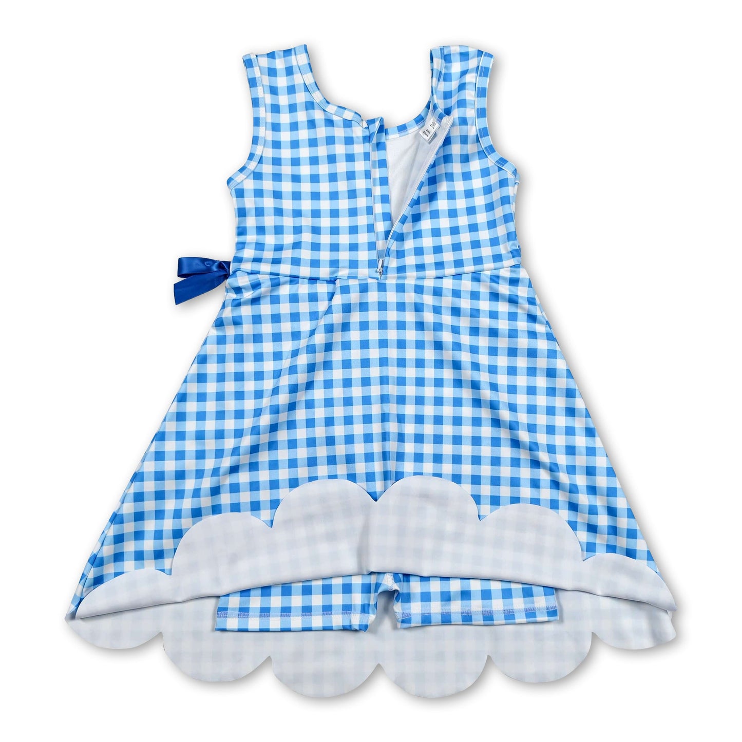 Sleeveless light blue plaid scallop kids girls athletic dresses