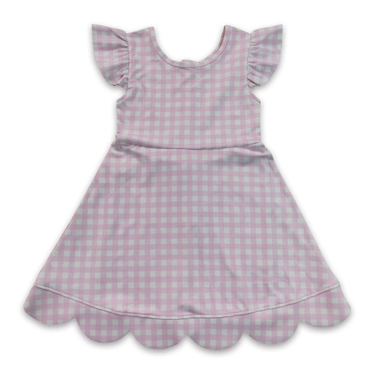 Pink plaid flutter sleeves scallop kids girls athletic dress