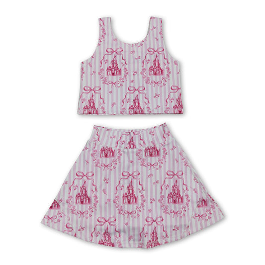 Pink stripe castle crop top bow skirt girls summer active set