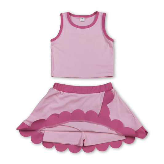 Sleeveless pink hot pink scallop kids girls active wear set