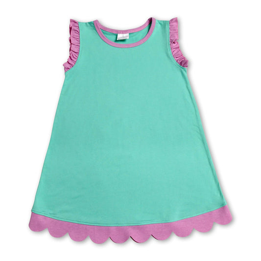 Pink scallop ruffle sleeveless mint girls cotton dress