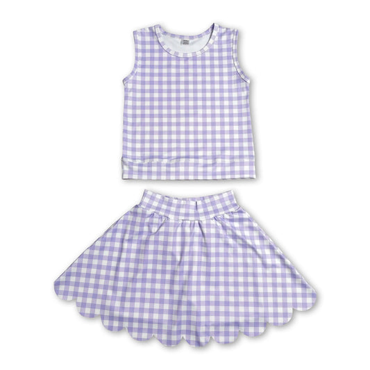 Sleeveless lavender plaid top scallop skirt girls active set