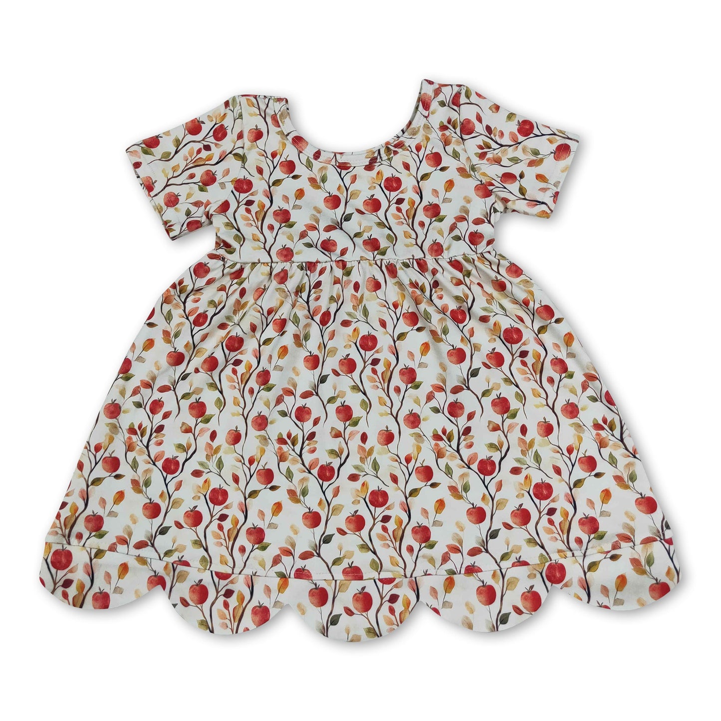 Short sleeves apple scallop kids girls back to school dress