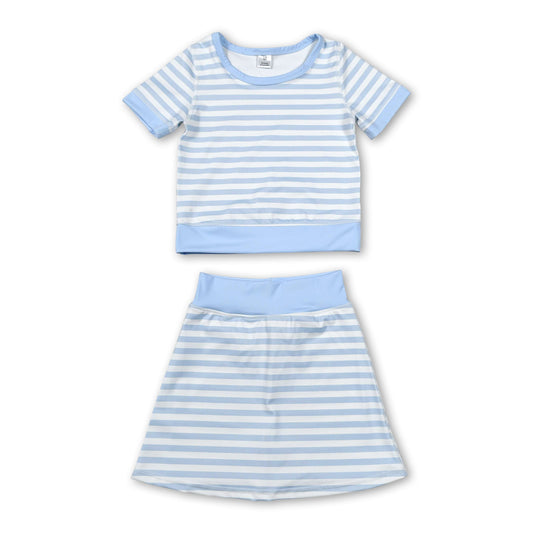 Short sleeves light blue stripe top skirt girls active wear set