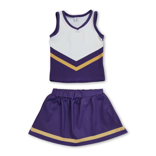 Sleeveless gold purple top skirt girls team cheer active set