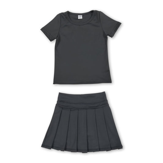 Short sleeves black top pleated skirt girls active wear set
