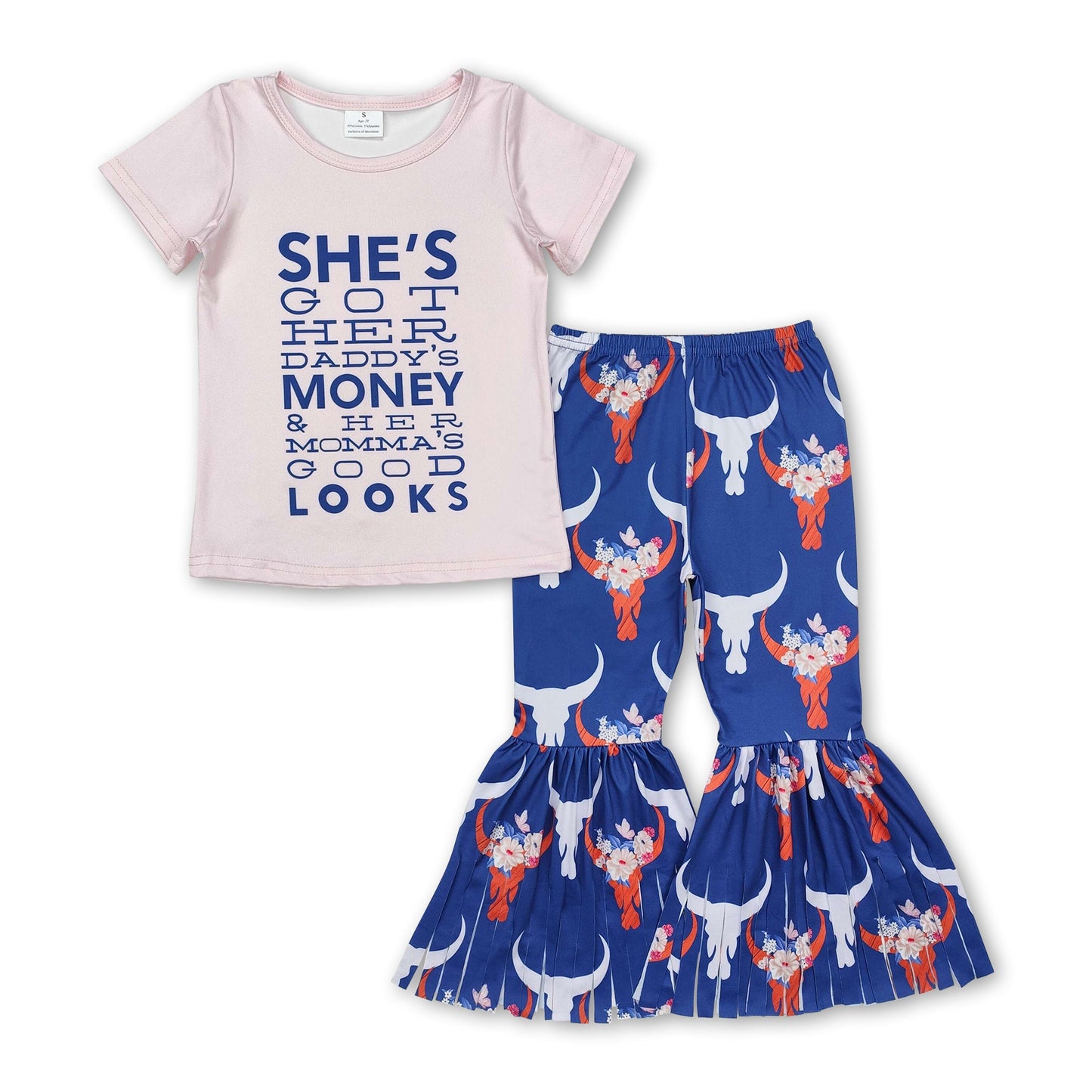 Short sleeves pink top bull skull tassels pants girls clothes