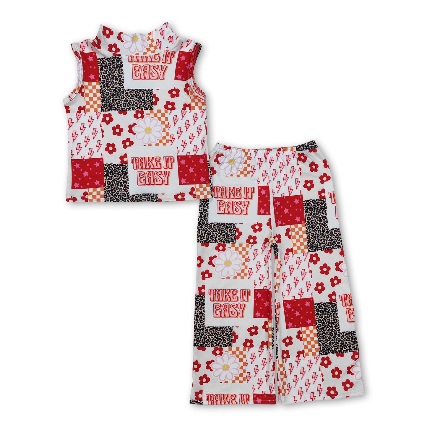 Sleeveless floral leopard take it easy kids girls clothes