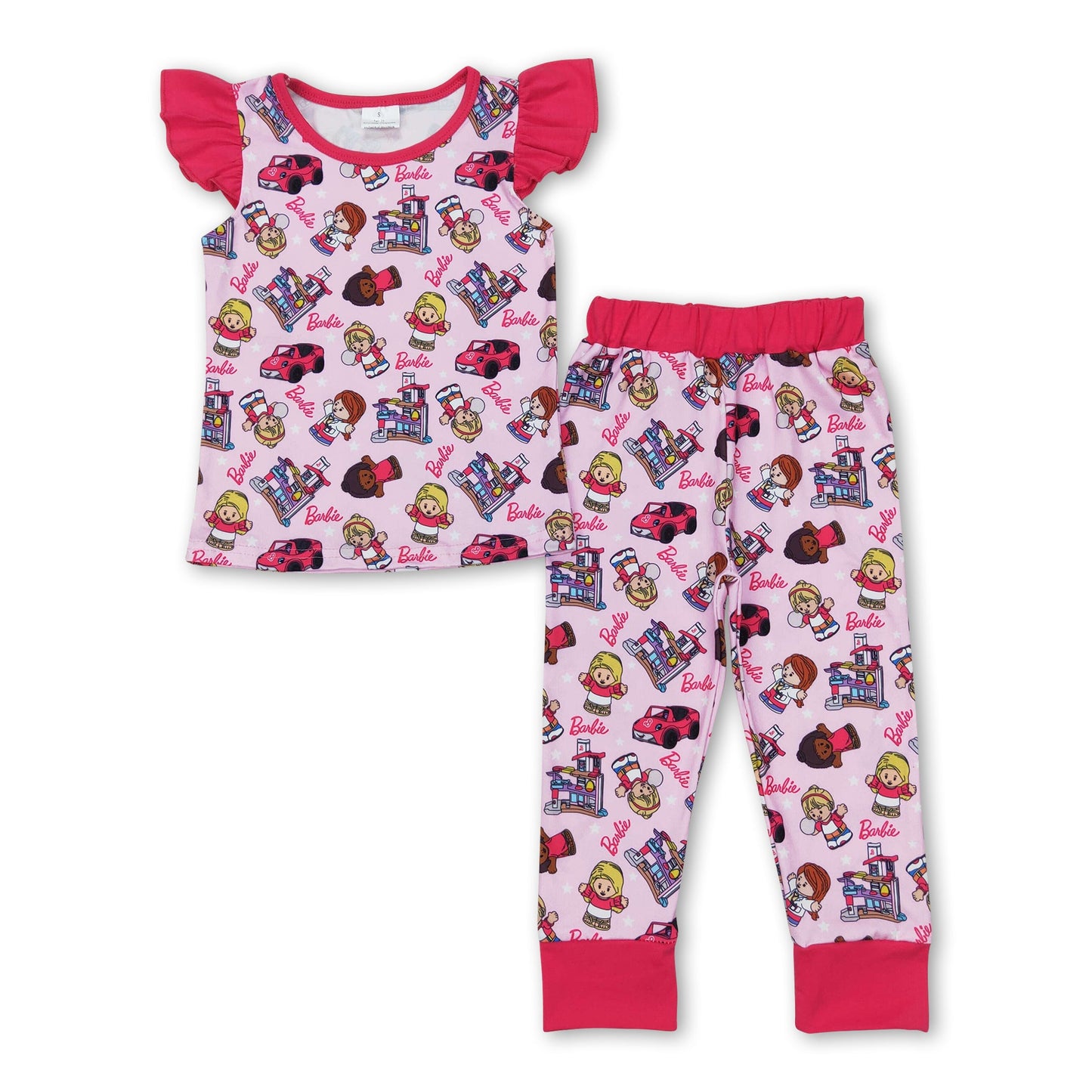 Flutter sleeves car print pants party girls pajamas set