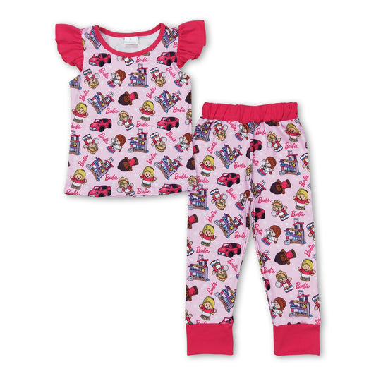 Flutter sleeves car print pants party girls pajamas set
