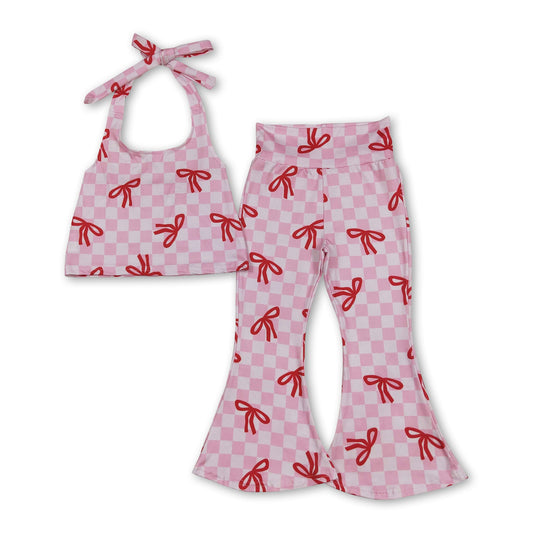 Pink plaid bow halter top bell bottom pants girls clothes