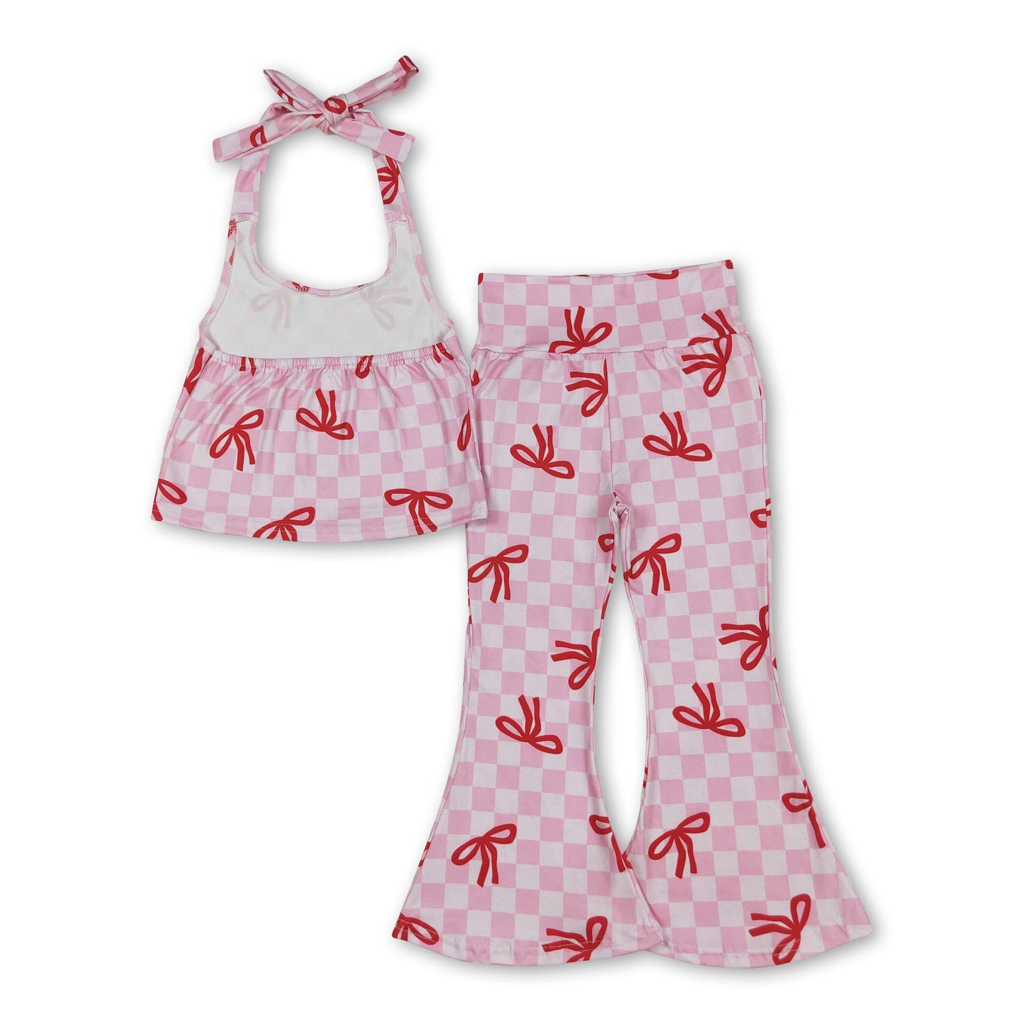 Pink plaid bow halter top bell bottom pants girls clothes