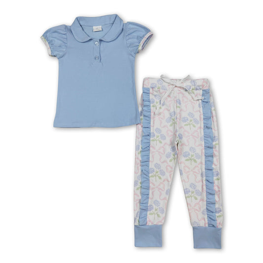 Short sleeves polo top ruffle bow floral pants girls clothes