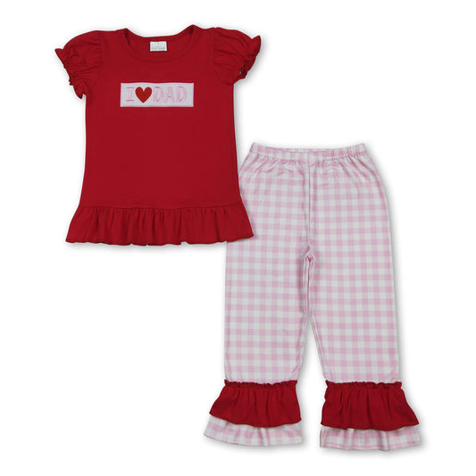 Red cotton I love dad top plaid pants girls outfits