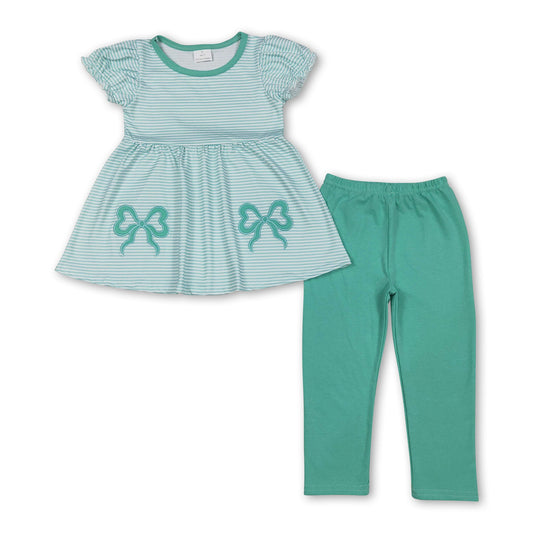 Short sleeves mint stripe bow tunic leggings girls outfits